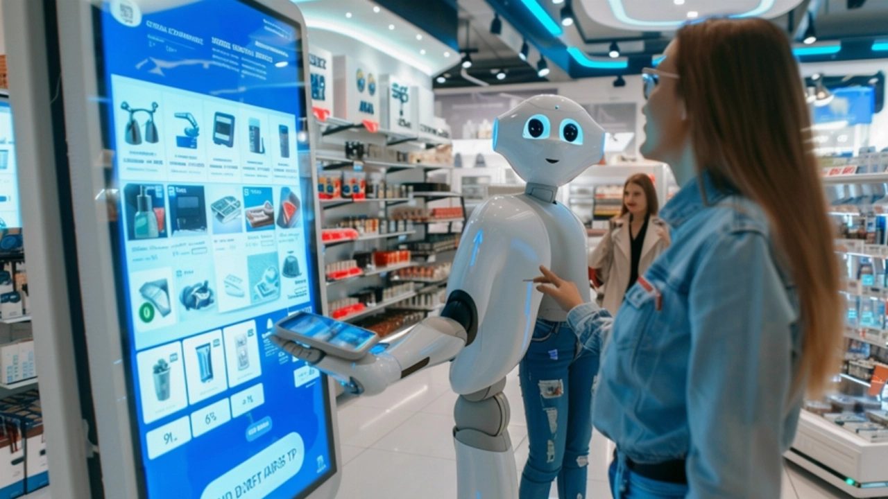 A man stood in a store next to an intelligent ecommerce screen