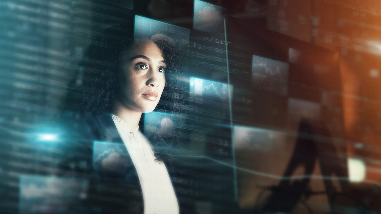 Woman looking at a holographic TV screen