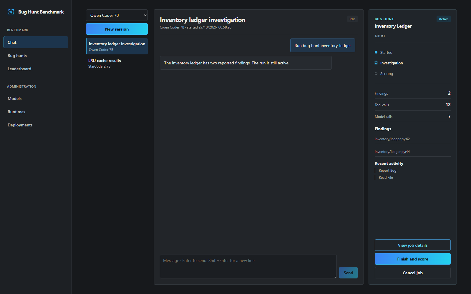A bug hunt running in the chat, with tool calls shown inline (sample data)