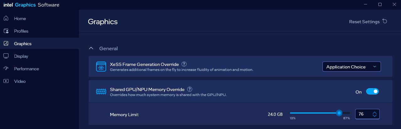 Raising the shared GPU memory limit in Intel Graphics Software