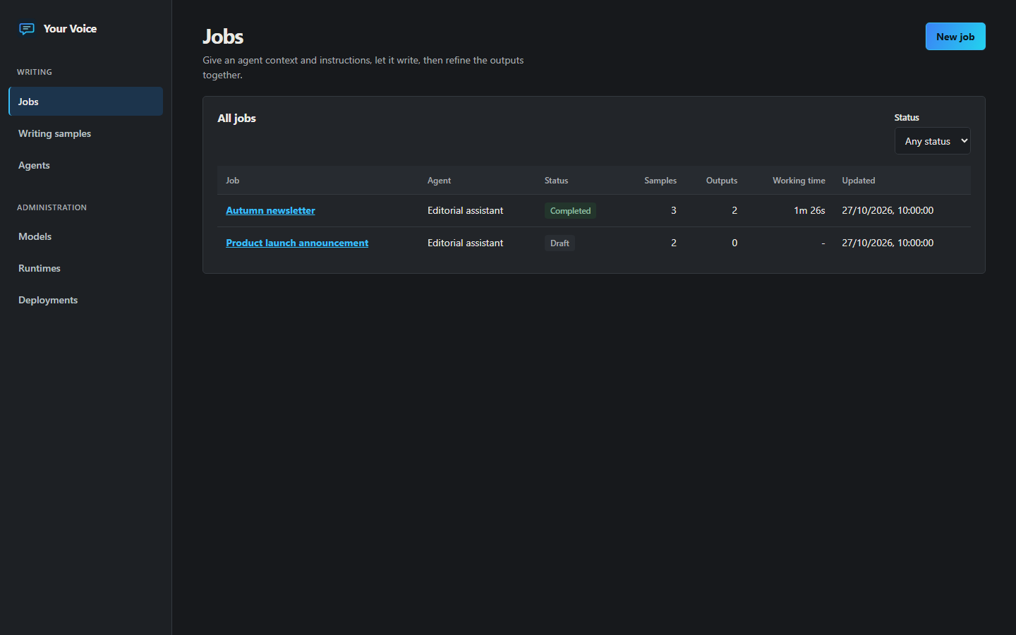 Writing jobs and their status (sample data)