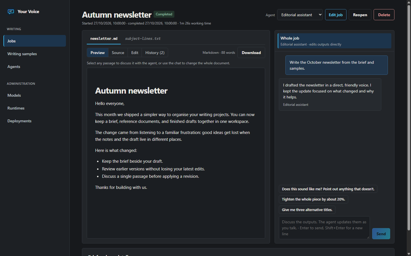 The job workspace, with outputs on the left and the conversation with the writing agent on the right (sample data)