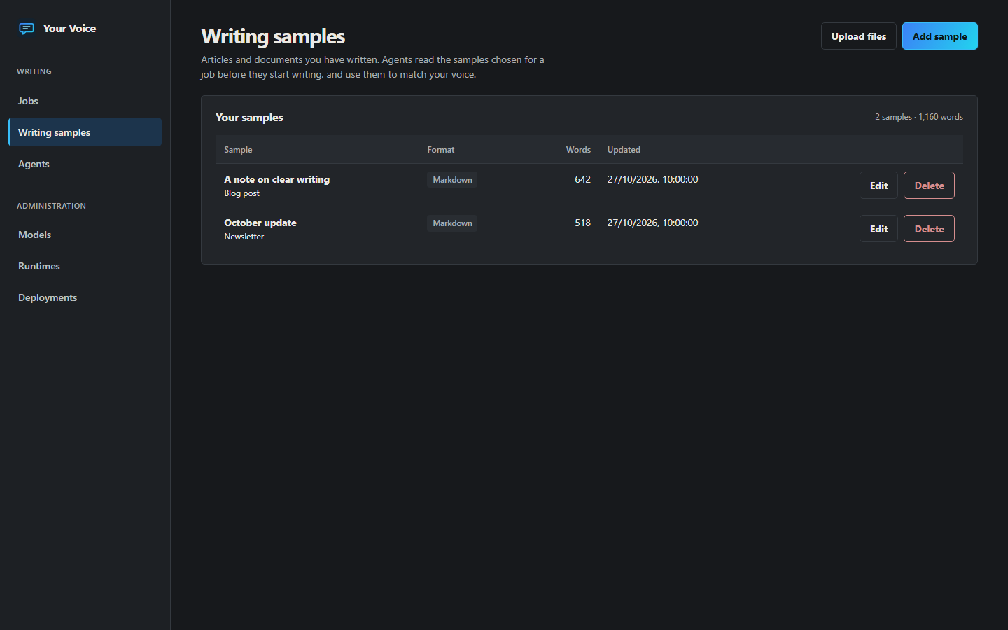 Writing samples that the agent reads before it writes (sample data)
